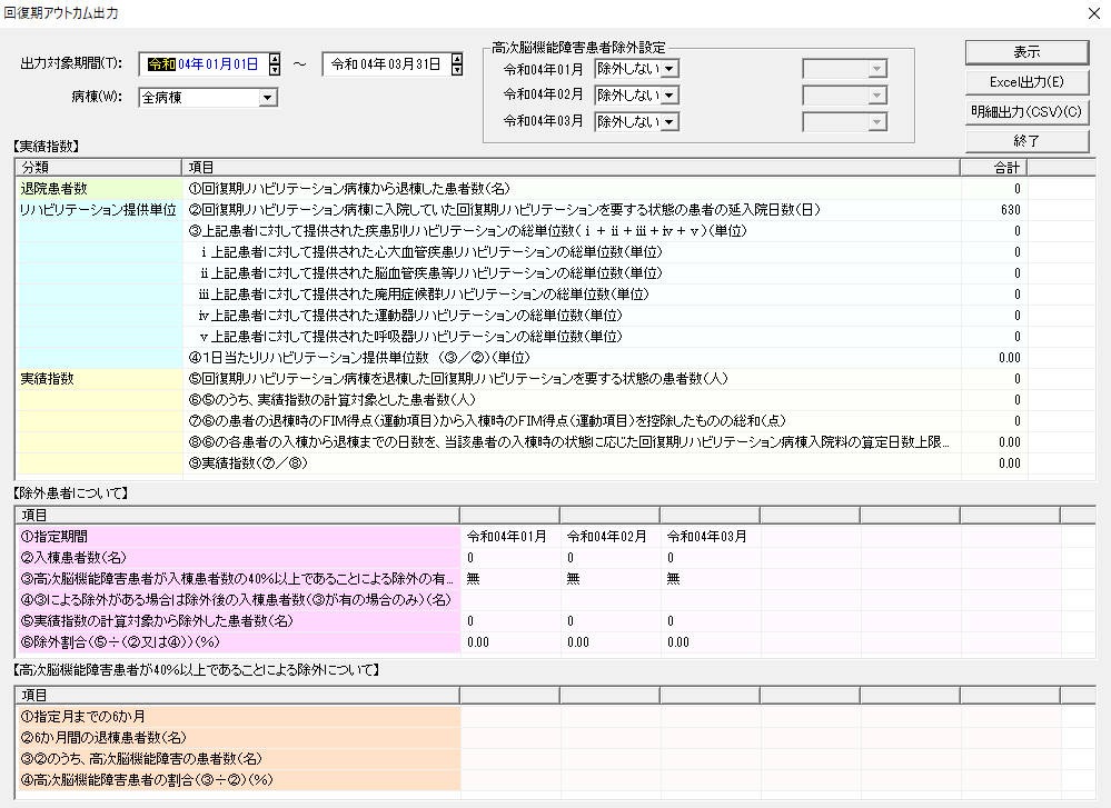 回復期アウトカム出力画面