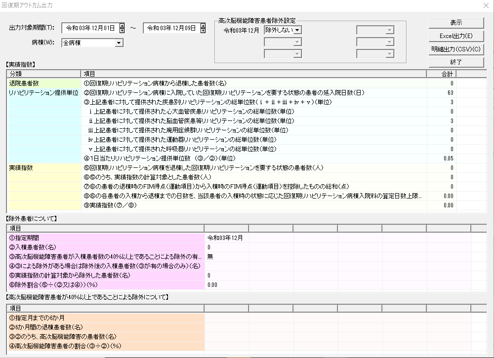 回復期アウトカム出力画面